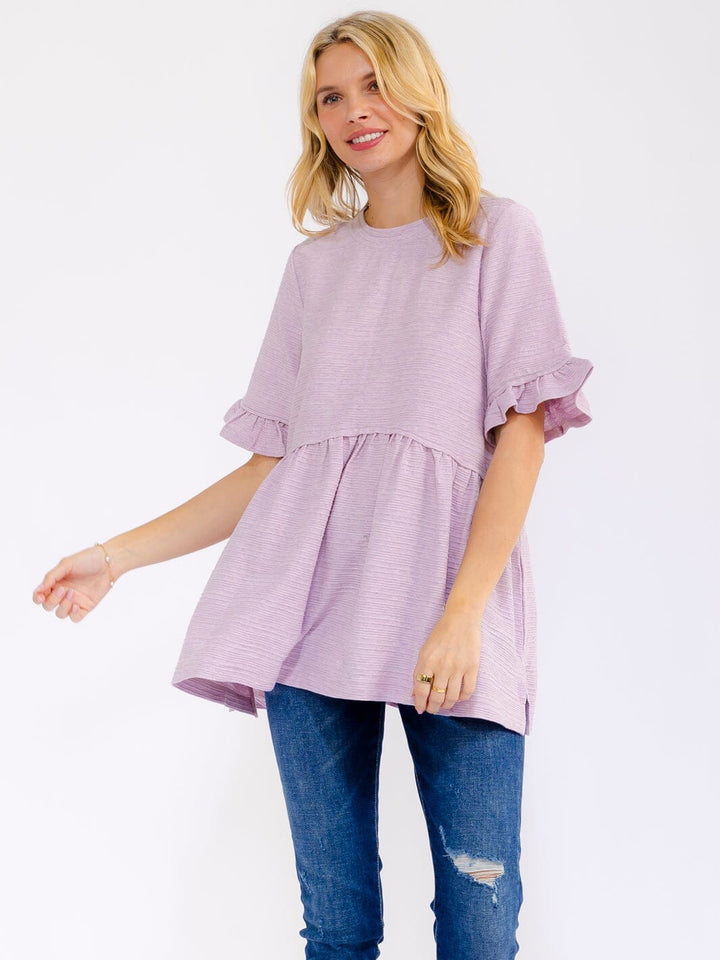 WOMEN'S SHORT RUFFLE SLEEVE RIBBED PEPLUM BLOUSE