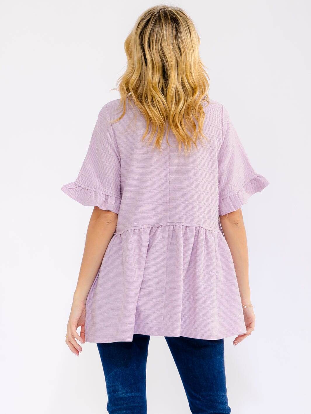 WOMEN'S SHORT RUFFLE SLEEVE RIBBED PEPLUM BLOUSE
