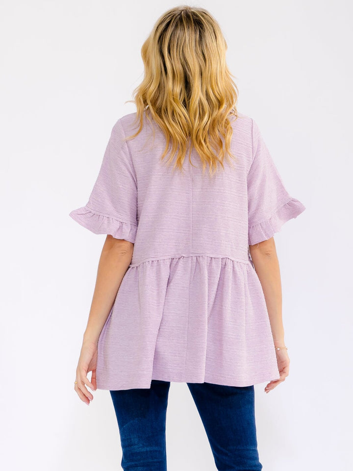WOMEN'S SHORT RUFFLE SLEEVE RIBBED PEPLUM BLOUSE