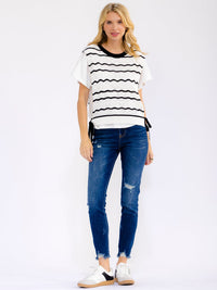WOMEN'S SHORT SLEEVE KNIT CONTRAST STRIPES BLOUSE