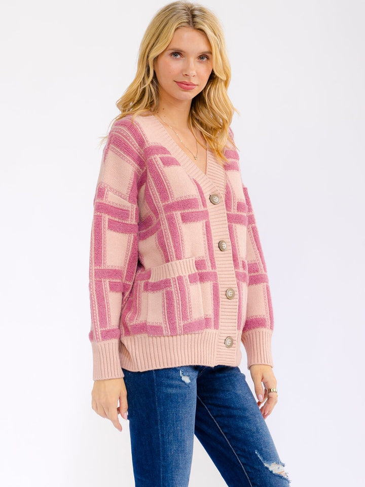 WOMEN'S LONG SLEEVE BUTTON CLOSURE FRONT POCKETS COLORBLOCK SWEATER