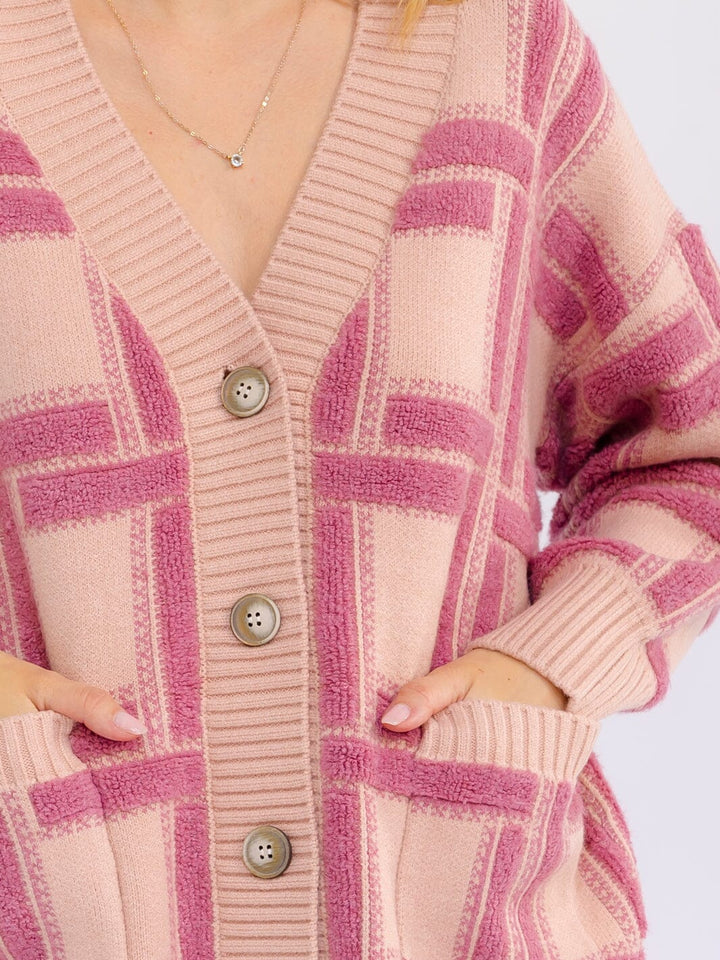 WOMEN'S LONG SLEEVE BUTTON CLOSURE FRONT POCKETS COLORBLOCK SWEATER