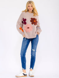 WOMEN'S LONG SLEEVE KNITTED FLOWERS PULLOVER SWEATER