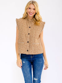 WOMEN'S SLEEVELESS BUTTON UP RUFFLE TRIM FLORAL PADDED VEST