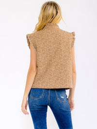 WOMEN'S SLEEVELESS BUTTON UP RUFFLE TRIM FLORAL PADDED VEST