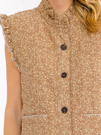 WOMEN'S SLEEVELESS BUTTON UP RUFFLE TRIM FLORAL PADDED VEST