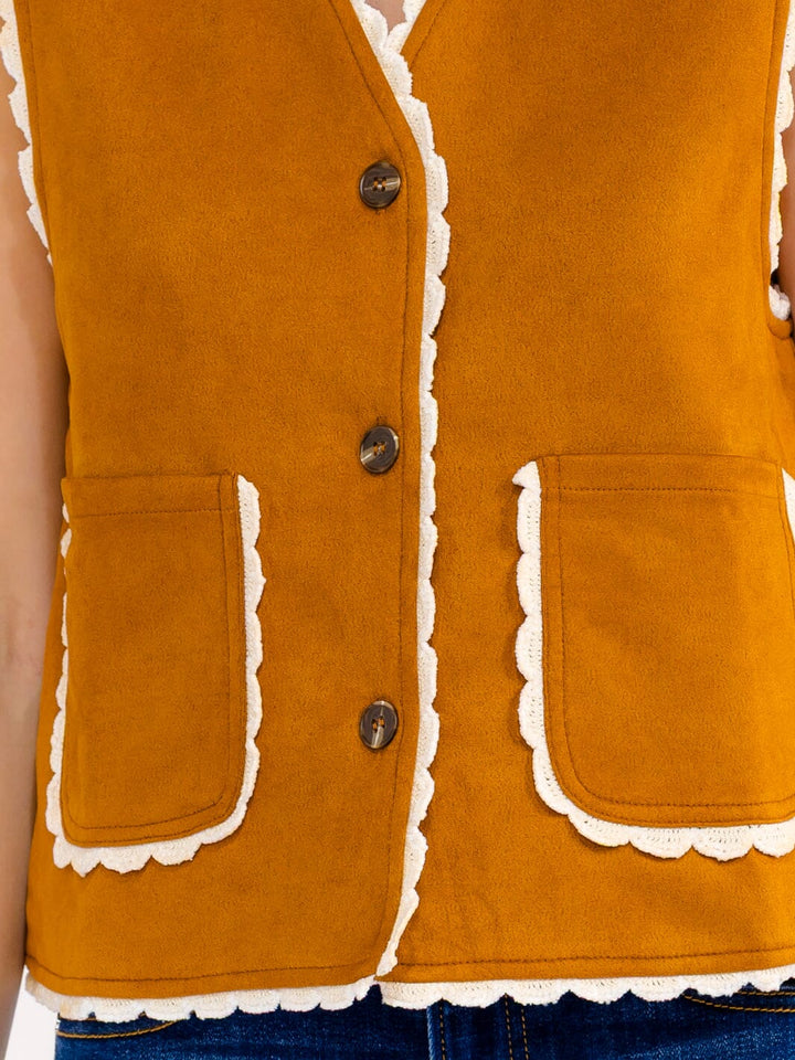 WOMEN'S SLEEVELESS BUTTON UP FRONT POCKETS TRIM DETAILED VEST