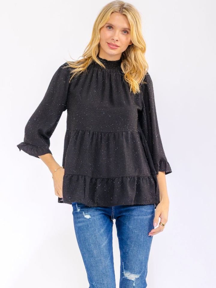 WOMEN'S 3/4 SLEEVE MOCK NECK TIERED TUNIC SHIMMER BLOUSE