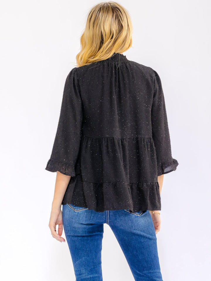 WOMEN'S 3/4 SLEEVE MOCK NECK TIERED TUNIC SHIMMER BLOUSE