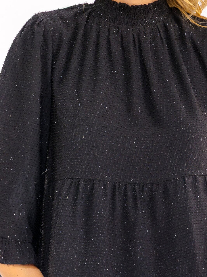 WOMEN'S 3/4 SLEEVE MOCK NECK TIERED TUNIC SHIMMER BLOUSE