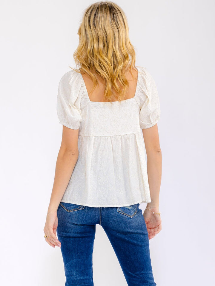 WOMEN'S SHORT SLEEVE SQUARE NECK SHIMMER BLOUSE