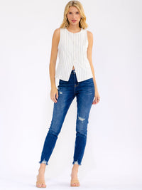 WOMEN'S SLEEVELESS BUTTON UP COLORBLOCK STRIPES VEST TOP
