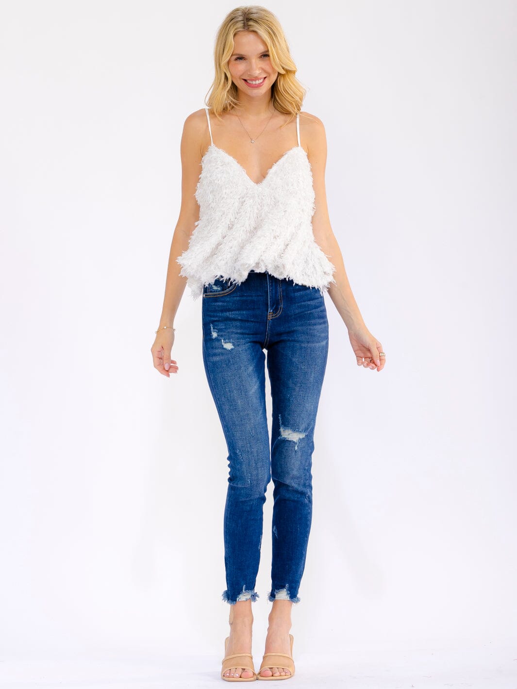 WOMEN'S SLEEVELESS V-NECK FUZZY TANK TOP