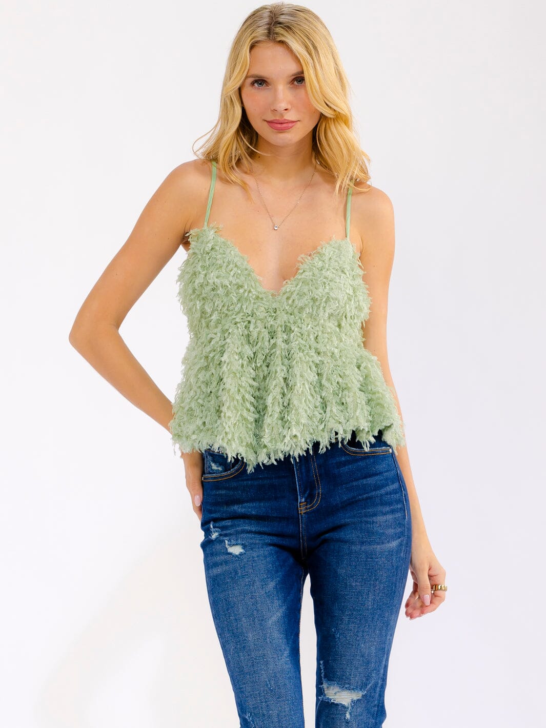 WOMEN'S SLEEVELESS V-NECK FUZZY TANK TOP