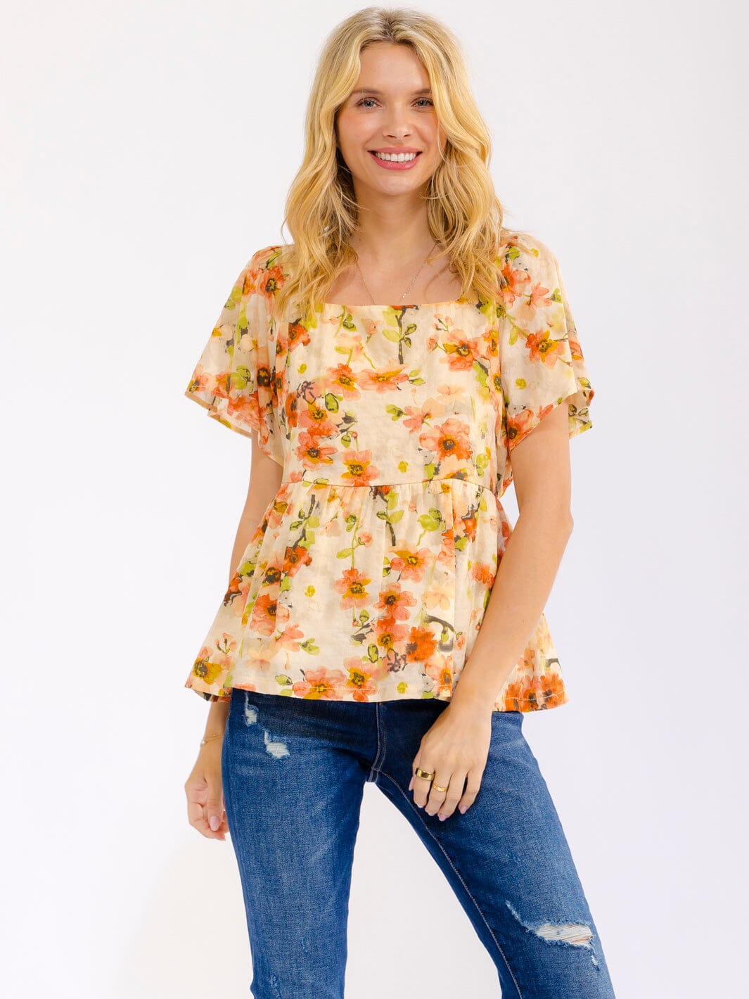 WOMEN'S SHORT PUFF SLEEVE SQUARE NECK FLORAL BLOUSE