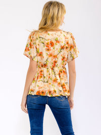 WOMEN'S SHORT PUFF SLEEVE SQUARE NECK FLORAL BLOUSE