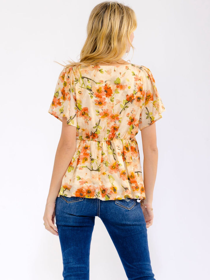 WOMEN'S SHORT PUFF SLEEVE SQUARE NECK FLORAL BLOUSE
