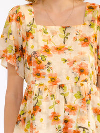 WOMEN'S SHORT PUFF SLEEVE SQUARE NECK FLORAL BLOUSE