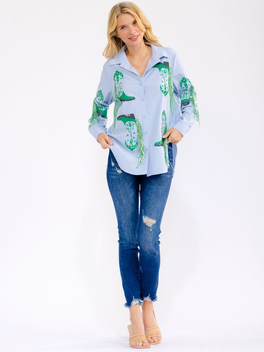 WOMEN'S LONG SLEEVE BUTTON UP HIGH-LOW SEQUINS FRINGE TOP