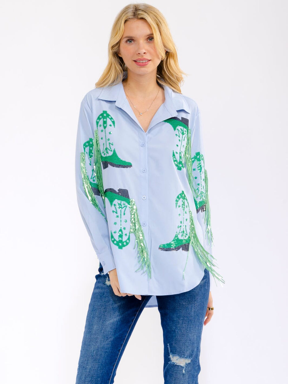 WOMEN'S LONG SLEEVE BUTTON UP HIGH-LOW SEQUINS FRINGE TOP