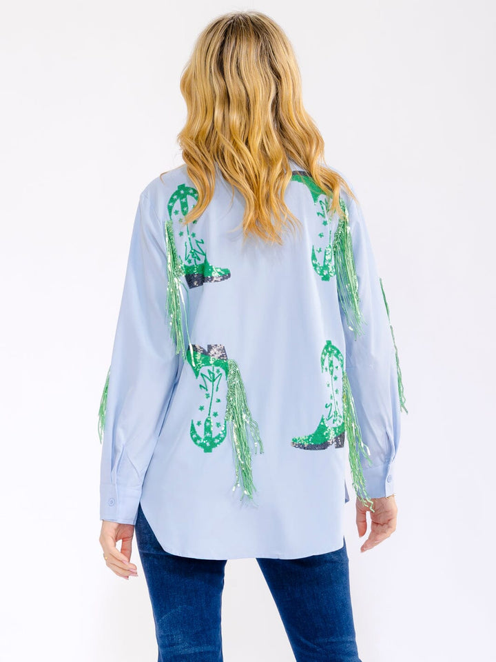 WOMEN'S LONG SLEEVE BUTTON UP HIGH-LOW SEQUINS FRINGE TOP