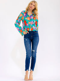 WOMEN'S LONG BELL SLEEVE BUTTON UP FLORAL BLOUSE
