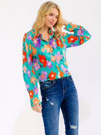 WOMEN'S LONG BELL SLEEVE BUTTON UP FLORAL BLOUSE
