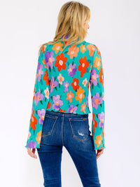 WOMEN'S LONG BELL SLEEVE BUTTON UP FLORAL BLOUSE