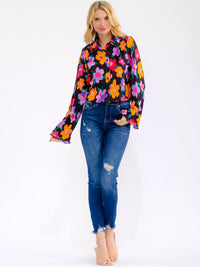 WOMEN'S LONG BELL SLEEVE BUTTON UP FLORAL BLOUSE