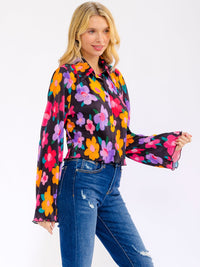 WOMEN'S LONG BELL SLEEVE BUTTON UP FLORAL BLOUSE