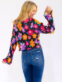 WOMEN'S LONG BELL SLEEVE BUTTON UP FLORAL BLOUSE
