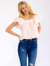 WOMEN'S SHORT RUFFLE SLEEVE SQUARE NECK PLAID BLOUSE