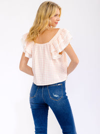 WOMEN'S SHORT RUFFLE SLEEVE SQUARE NECK PLAID BLOUSE