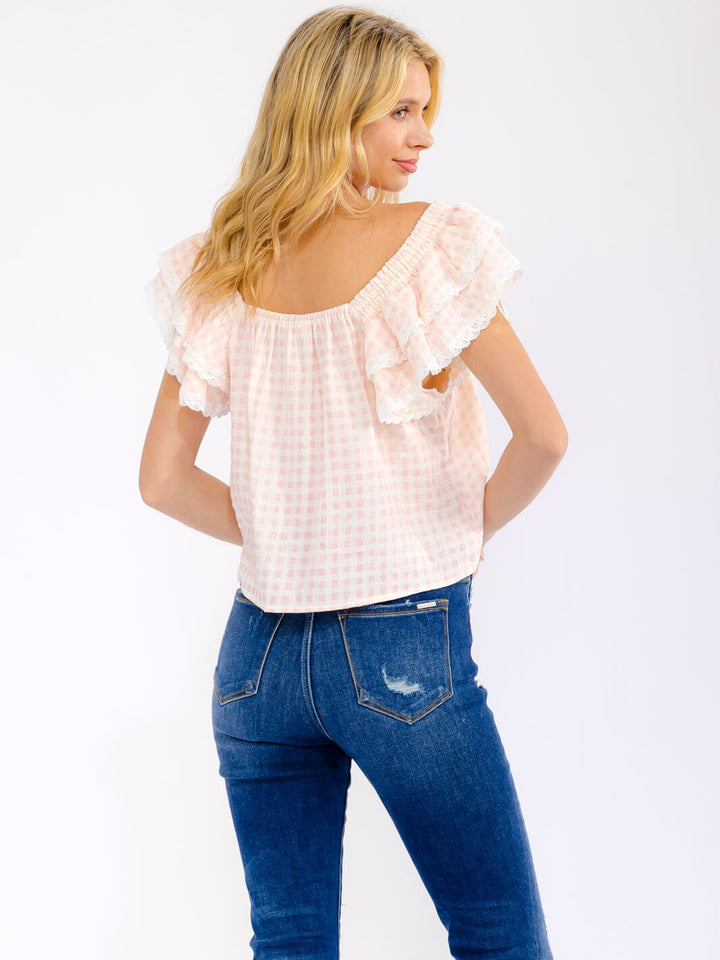 WOMEN'S SHORT RUFFLE SLEEVE SQUARE NECK PLAID BLOUSE