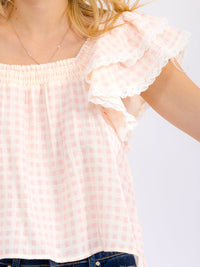 WOMEN'S SHORT RUFFLE SLEEVE SQUARE NECK PLAID BLOUSE