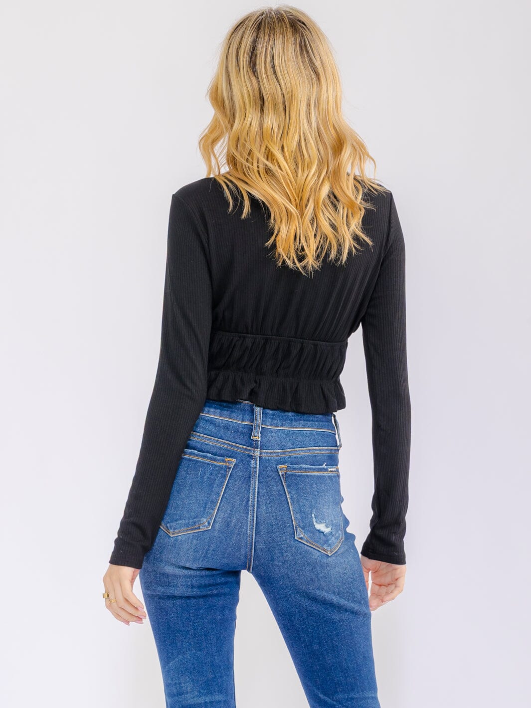 WOMEN'S LONG SLEEVE V-NECK ELASTIC WAIST CROP TOP