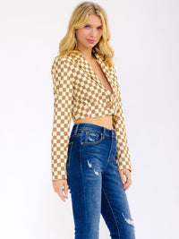 WOMEN'S LONG SLEEVE BUTTON UP CHECKERS PRINT CROP BLAZER