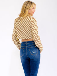 WOMEN'S LONG SLEEVE BUTTON UP CHECKERS PRINT CROP BLAZER