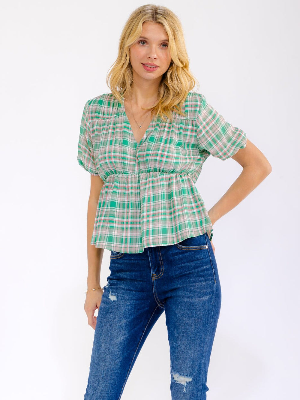 WOMEN'S SHORT SLEEVE V-NECK ELASTIC WAIST PLAID BLOUSE