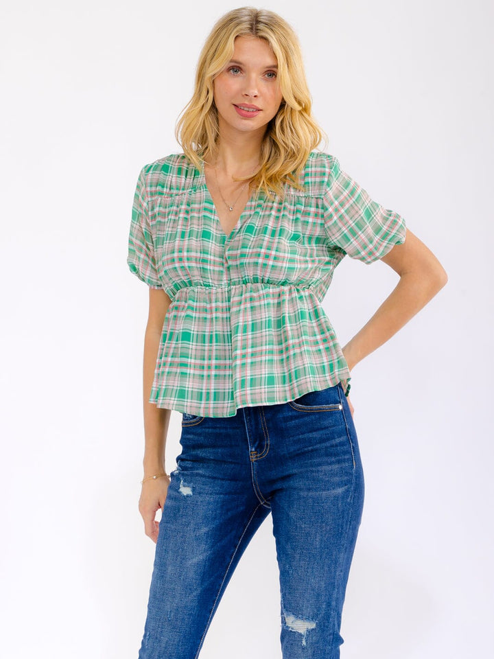 WOMEN'S SHORT SLEEVE V-NECK ELASTIC WAIST PLAID BLOUSE