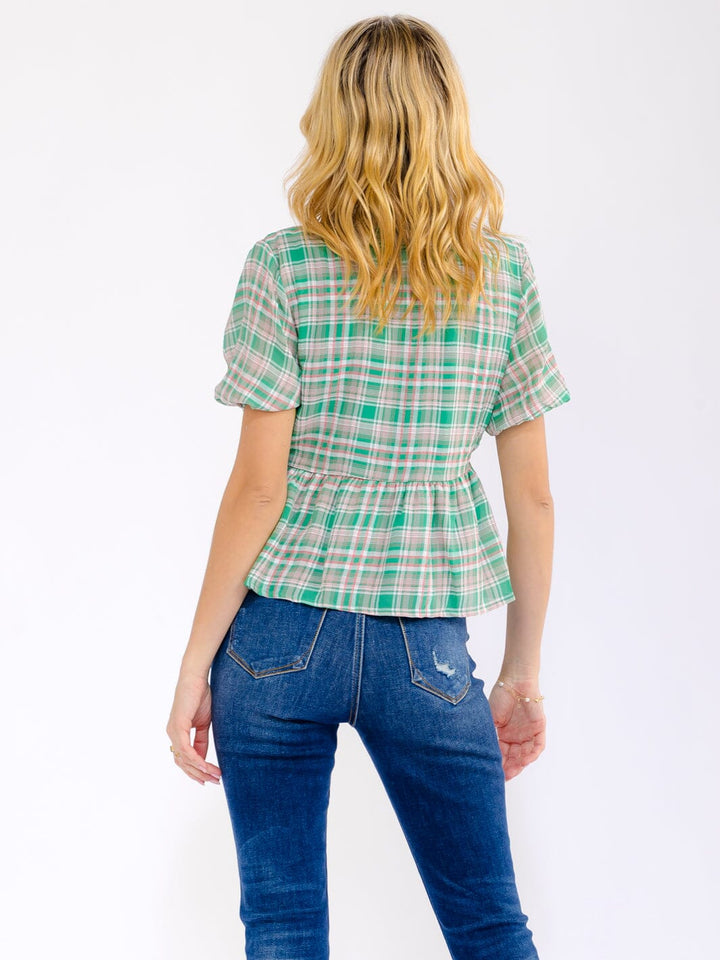 WOMEN'S SHORT SLEEVE V-NECK ELASTIC WAIST PLAID BLOUSE