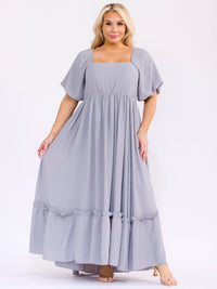 PLUS SIZE SHORT PUFF SLEEVE SQUARE NECK SMOCK ELASTIC WAIST MAXI DRESS