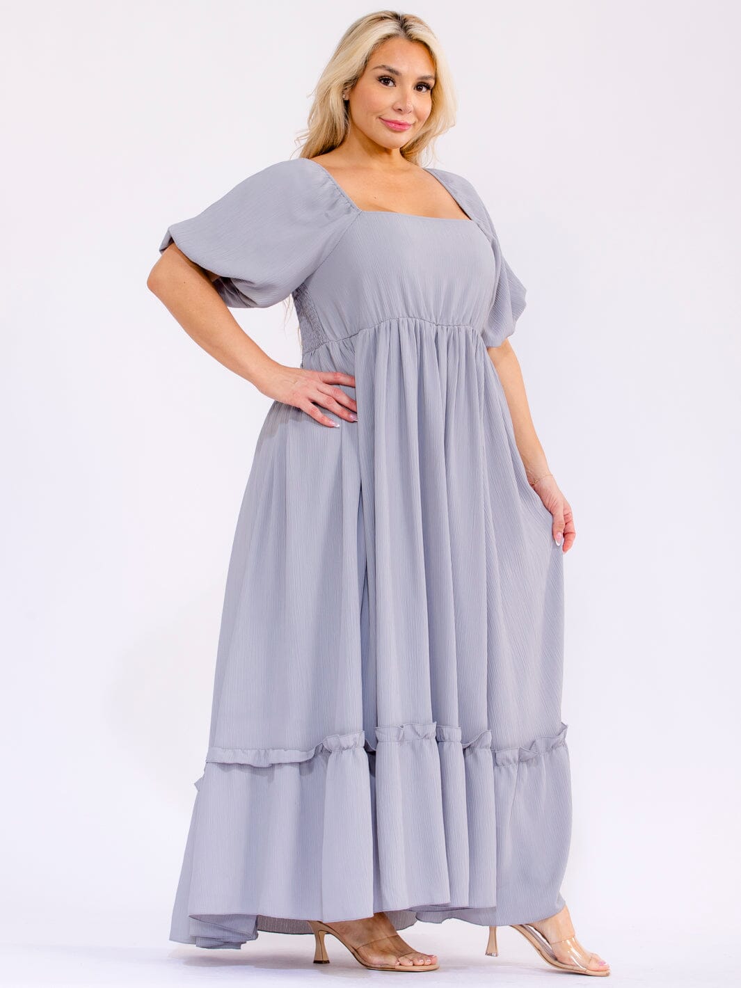 PLUS SIZE SHORT PUFF SLEEVE SQUARE NECK SMOCK ELASTIC WAIST MAXI DRESS
