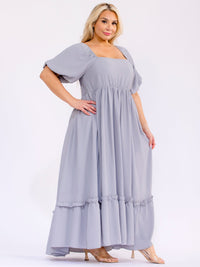 PLUS SIZE SHORT PUFF SLEEVE SQUARE NECK SMOCK ELASTIC WAIST MAXI DRESS