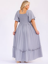 PLUS SIZE SHORT PUFF SLEEVE SQUARE NECK SMOCK ELASTIC WAIST MAXI DRESS