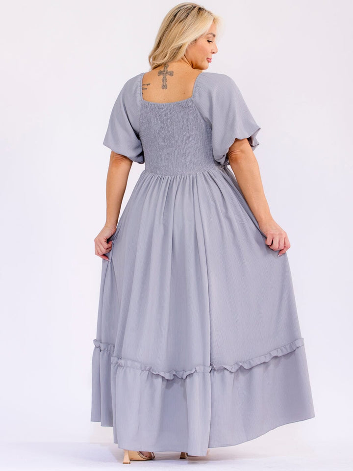 PLUS SIZE SHORT PUFF SLEEVE SQUARE NECK SMOCK ELASTIC WAIST MAXI DRESS