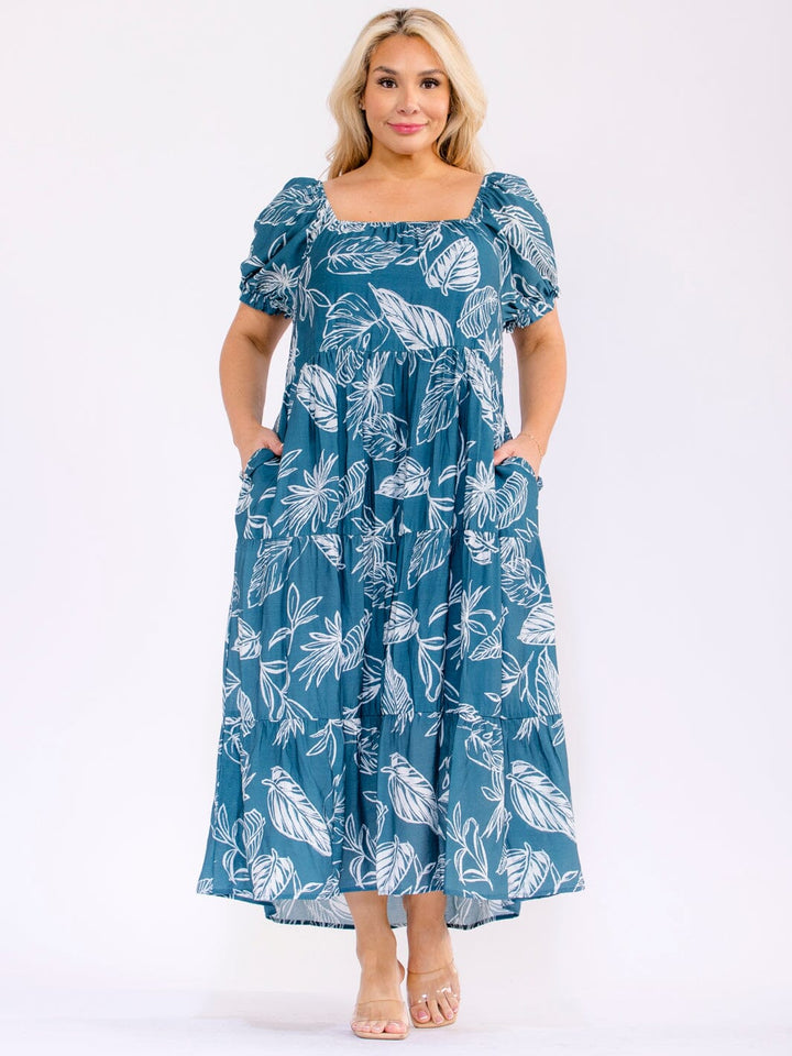 PLUS SIZE SHORT PUFF SLEEVE FRONT POCKETS FLORAL MAXI DRESS