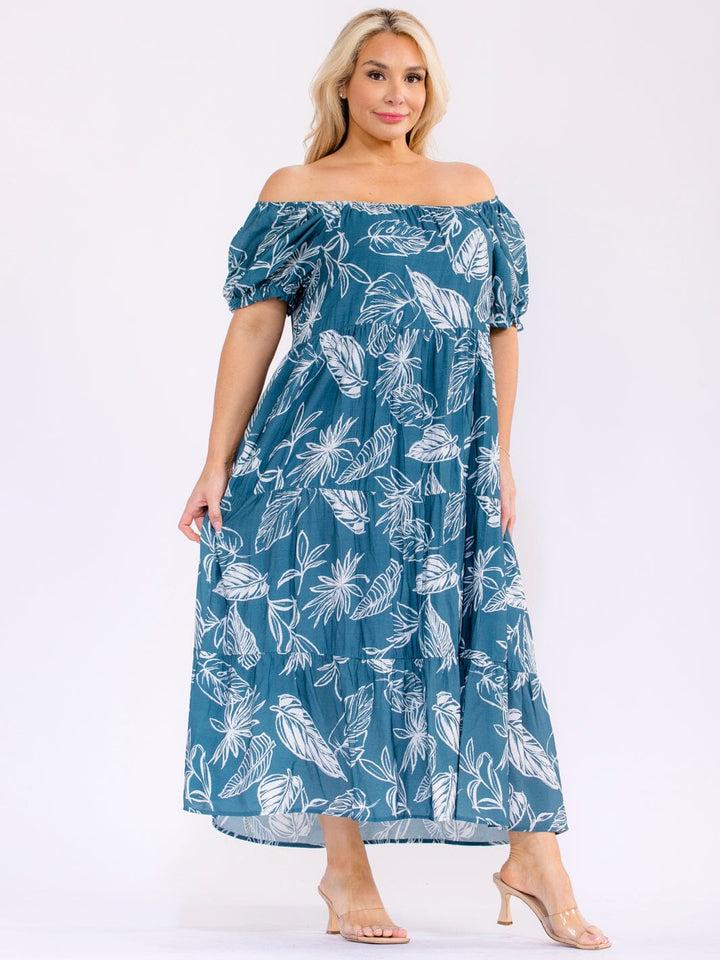 PLUS SIZE SHORT PUFF SLEEVE FRONT POCKETS FLORAL MAXI DRESS