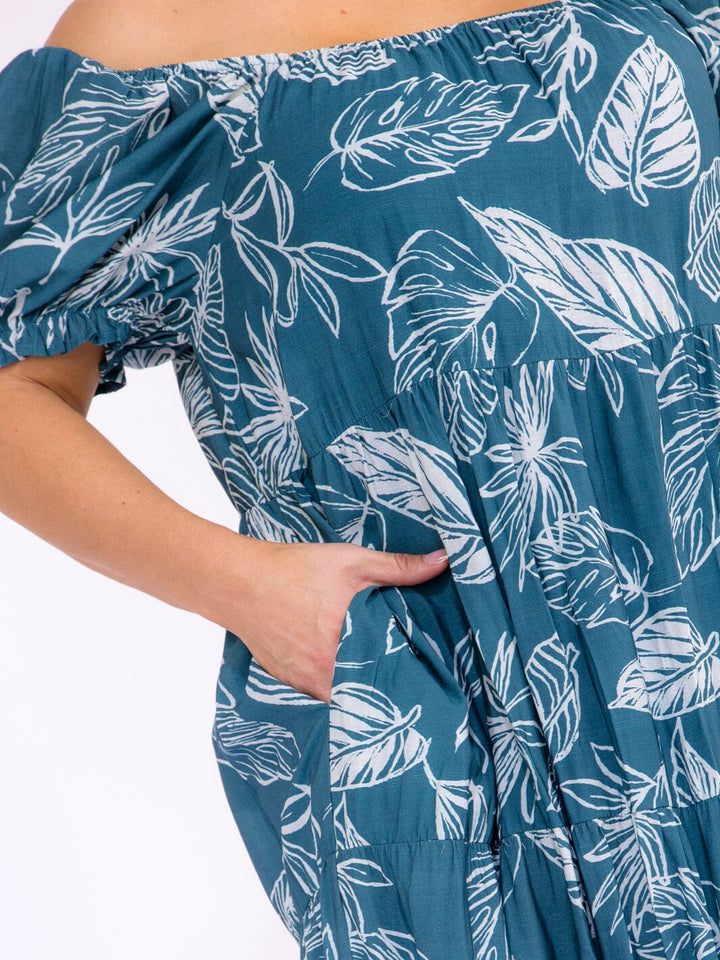 PLUS SIZE SHORT PUFF SLEEVE FRONT POCKETS FLORAL MAXI DRESS