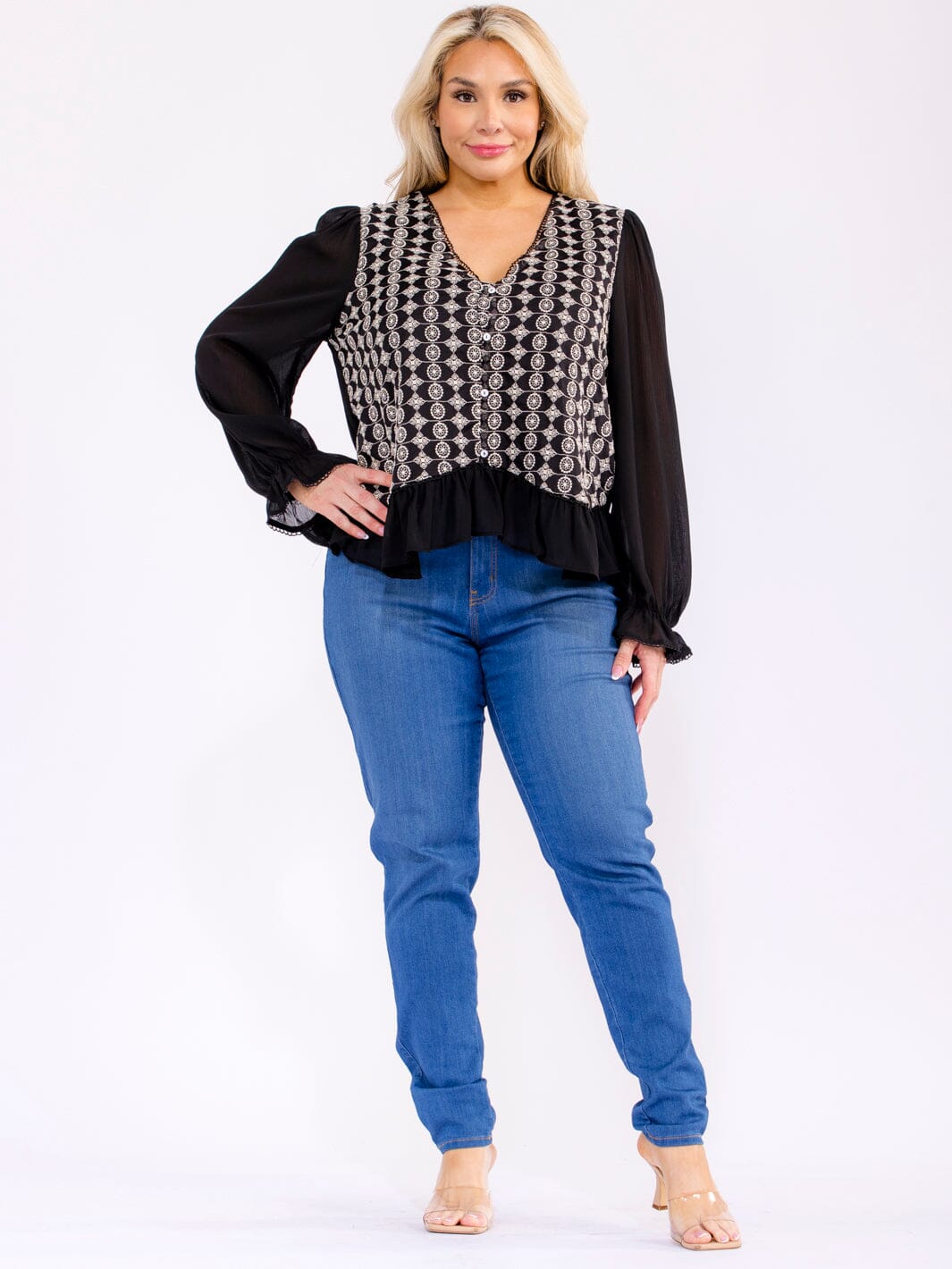 PLUS SIZE LONG SLEEVE V-NECK STITCHED DETAILED RUFFLE BLOUSE